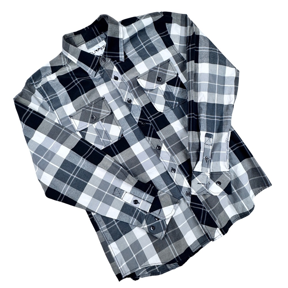 Clipper New York Mens Black Gray Plaid Button Up Long Sleeve‎ Shirt L